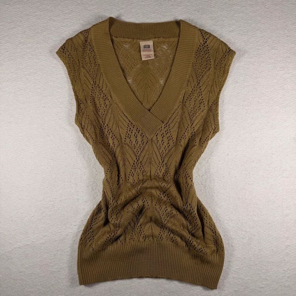 Vintage Faded Glory Tan Pointelle Open Knit Sweater Vest